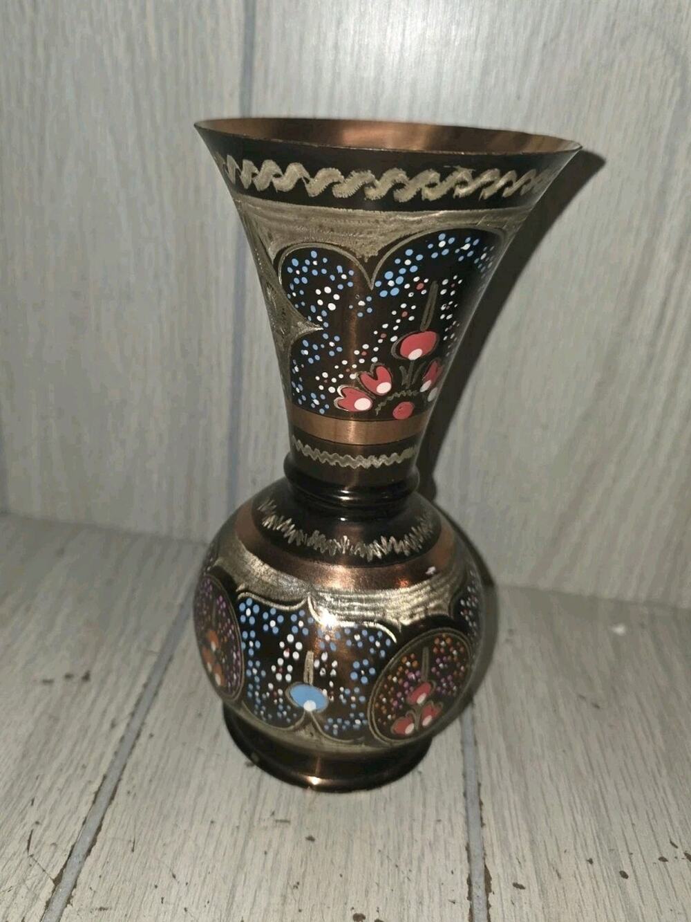Vintage Copper Hand Engraved Decorative Multi-Color Vase Etched Home Decor